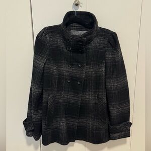 Zara Vintage Black and Gray Plaid Pea Coat Y2K